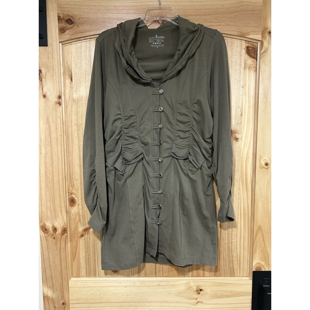Neon Buddha Tunic Top Olive Green Mix Of Buttons Gathered Ruched Artsy Boho M